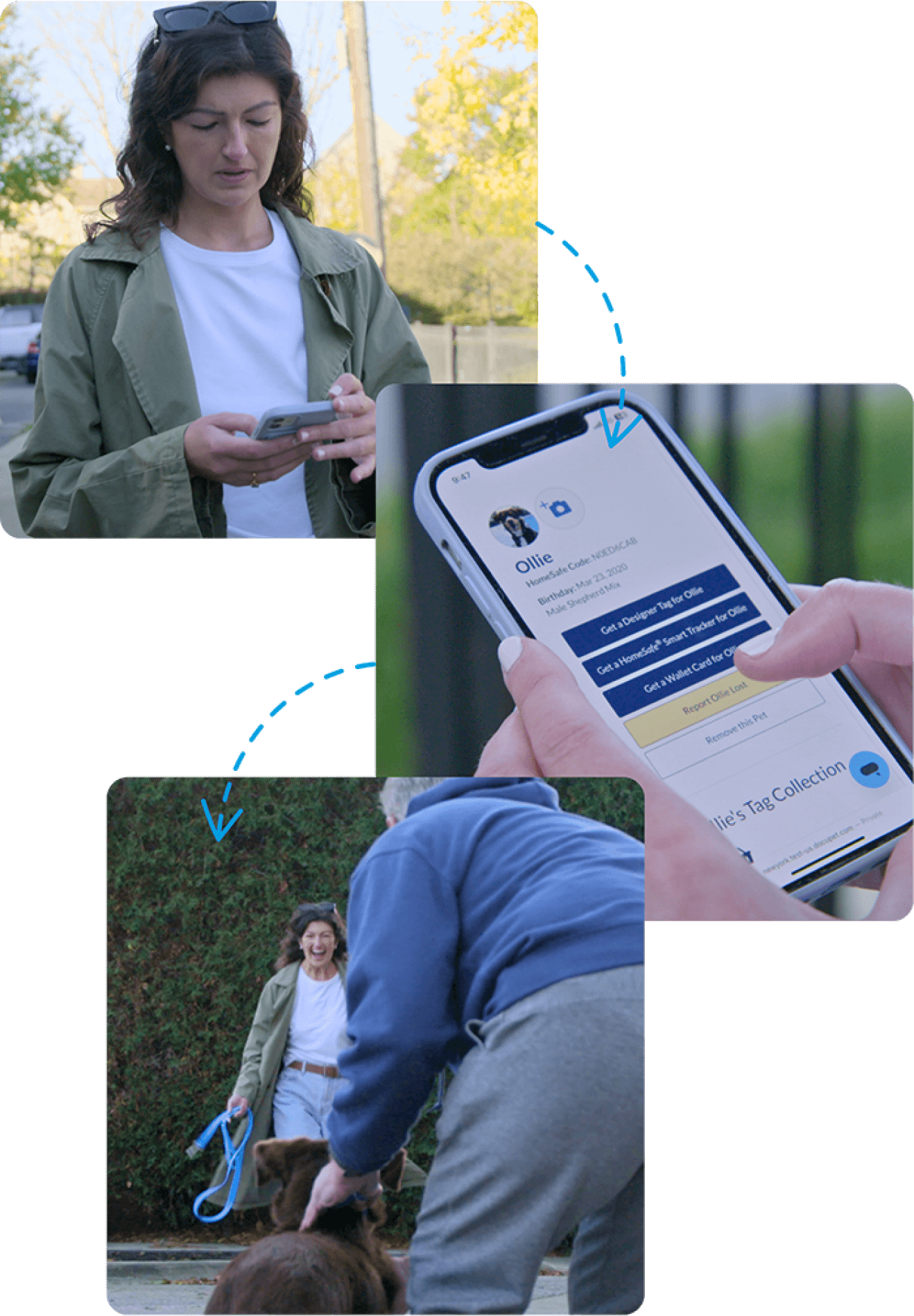 A woman looks at her phone, which shows her dog Ollie's online profile. She is about to press a button with the text: Report Ollie Lost. The same woman is shown running towards her dog Ollie that has been found by someone.